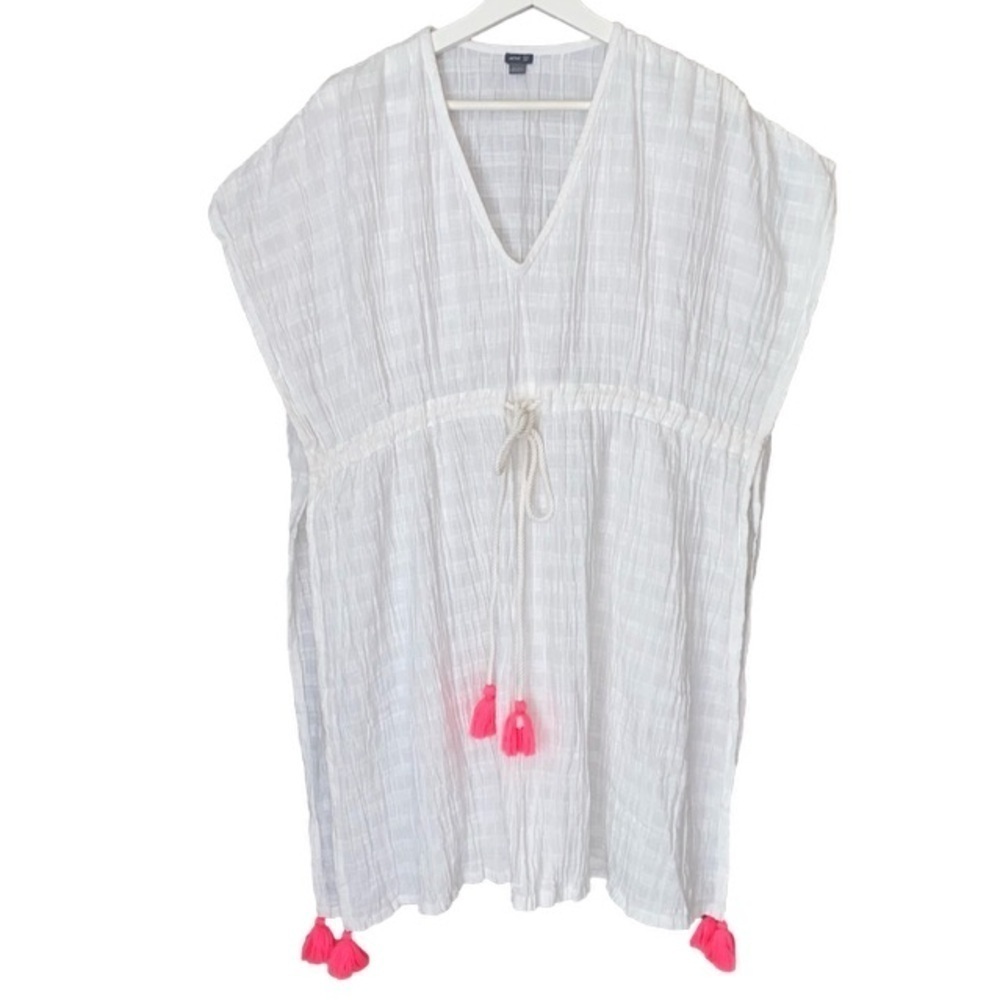 AERIE Coverup Beach Pool Oversized Drawstring Pink Tassels White Womens XS-S - Picture 2 of 12